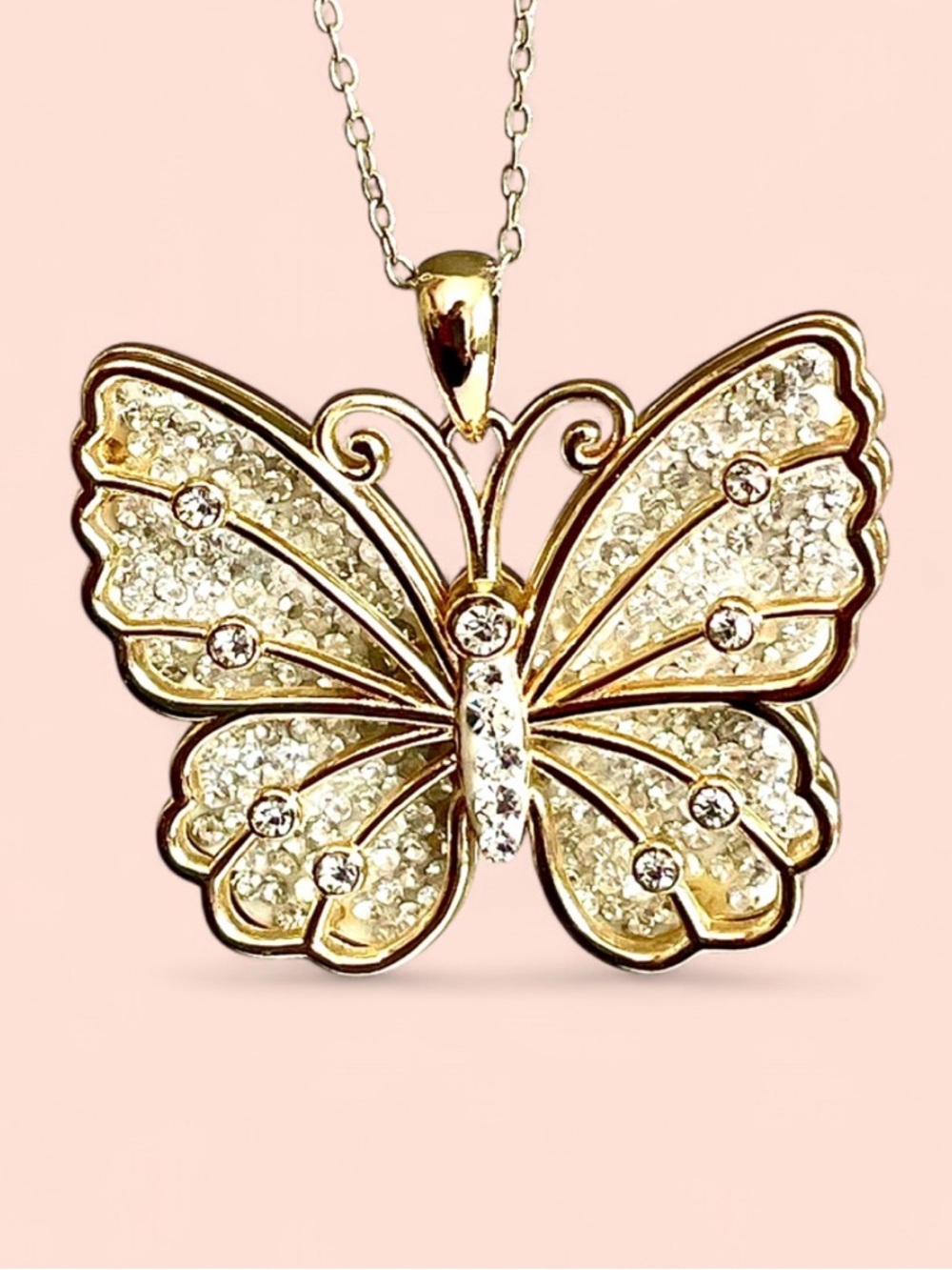 Jacmel Mauritius JCM Butterfly Necklace 925 Sterling Silver CZ Gold Overlay Pavé - Picture 3 of 9